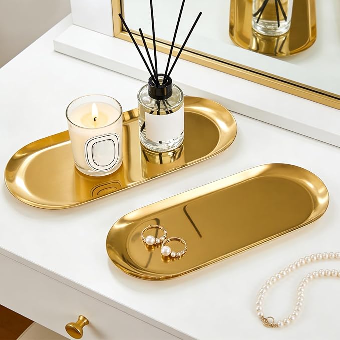 2 Pack Stainless Steel Decorative Tray, 12 Inch Oval Vanity Tray for Jewelry, Small Storage Plate for Cosmetics Organizer Bathroom Key Candle (Gold)