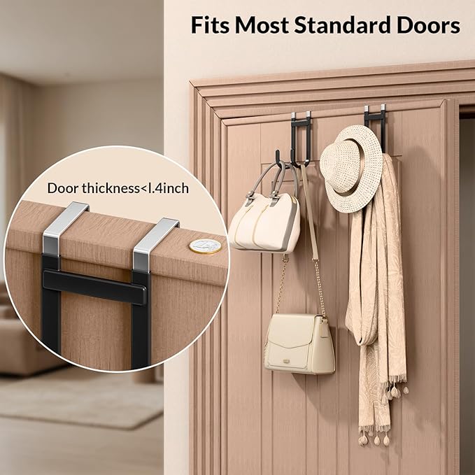 2 Pack Over The Door Hooks, 100 LBS Heavy Duty Metal Hanger with Non-Slip Rubber for Clothes, Towels & Hat, Rustproof Bathroom Organizer Fits Interior Doors Up to 1 3/8"