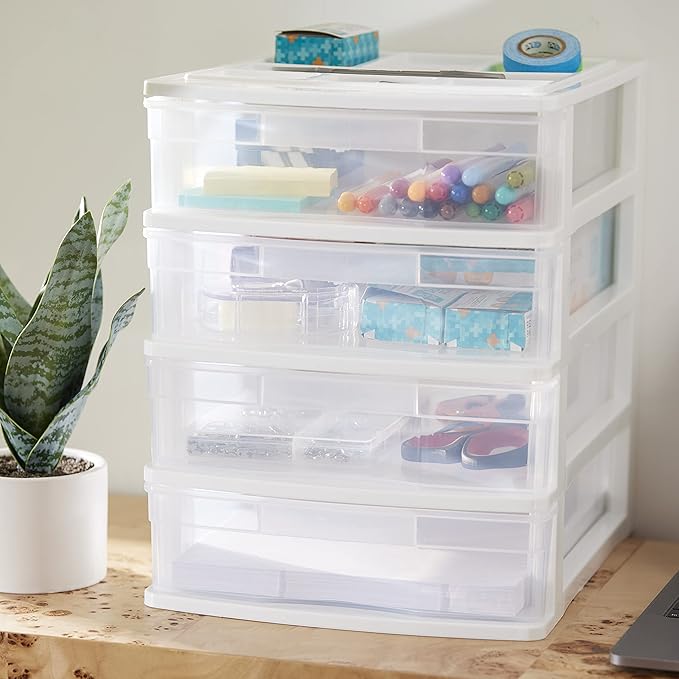 Gracious Living 4 Drawer Desktop & Countertop Organizer w/Organization Lid for Craft Storage, Office Supplies & School Supplies, White/Clear (4 Pack)