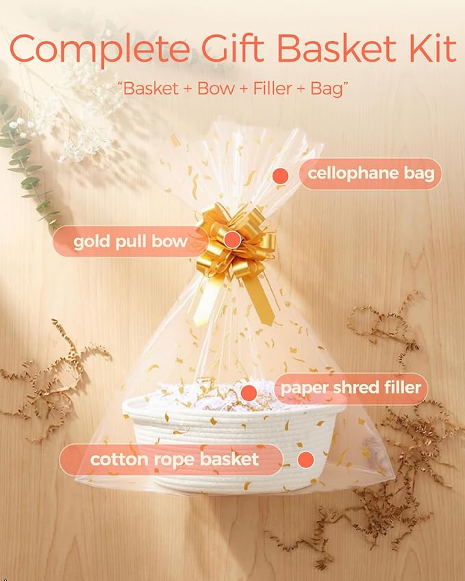 SUNCOLOR Small Woven Gift Basket Set with Cut Paper Shred Filler, Pull Bow & Cellophane Bag, 12x8x5 Inch Durable Cotton Rope Storage Basket for Easter, Baby Shower, Birthday, Holidays