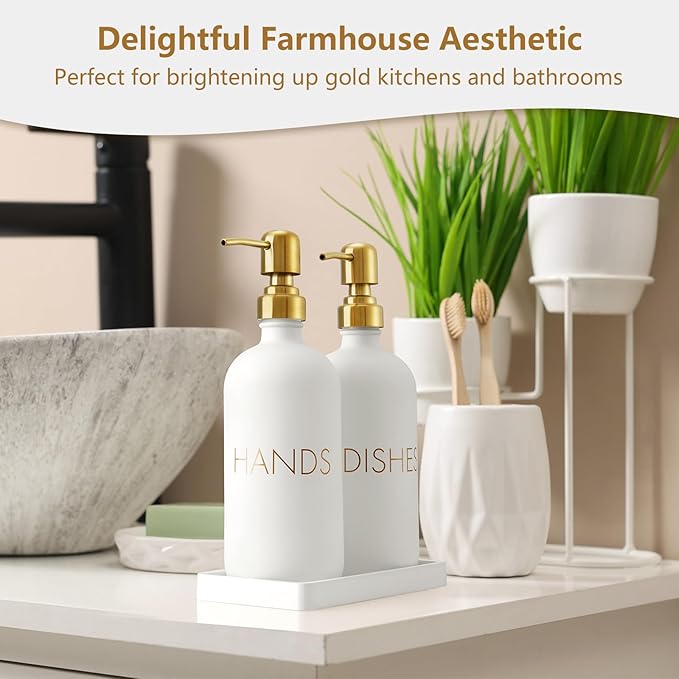 Glass Dish and Hand Soap Dispenser Set - Kitchen Soap Dispenser with Tray and Stainless Steel Pump - for Modern Gold Kitchen Decor and Accessories