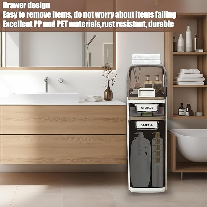3-Tiers Slim Narrow Bathroom Storage Cabinet with Drawers, Waterproof Skinny Bathroom Storage Floor Cabinet with Tissue Box and Wheels for Small Spaces
