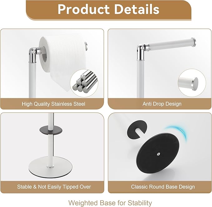 BGL Freestanding Toilet Paper Holder, Tissue Holder On Floor with Reserve Storage Paper Rolls, Roll Paper Holder Standing On Floor (White)
