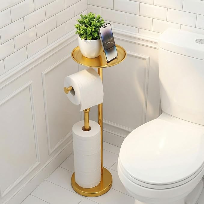 Standing Toilet Paper Holder Gold, TP Holder with 6.7" Phone Shelf, Holds 5 Rolls, Stainless Steel (Gold)