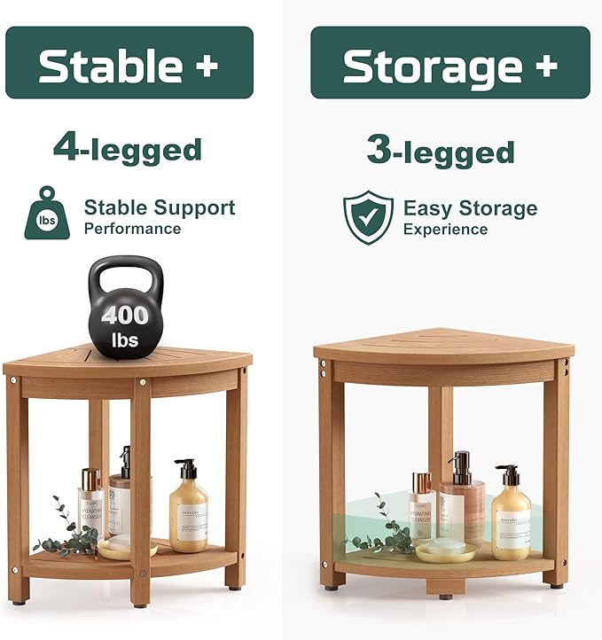 Waterproof Corner Shower Stool for Inside Shower, Poly Lumber Shower Bench Seat Chair, Bath Shower Stool for Shaving Legs Foot Rest with Storage Shelf, Adjustable & Non-Slip Feet, Teak Brown
