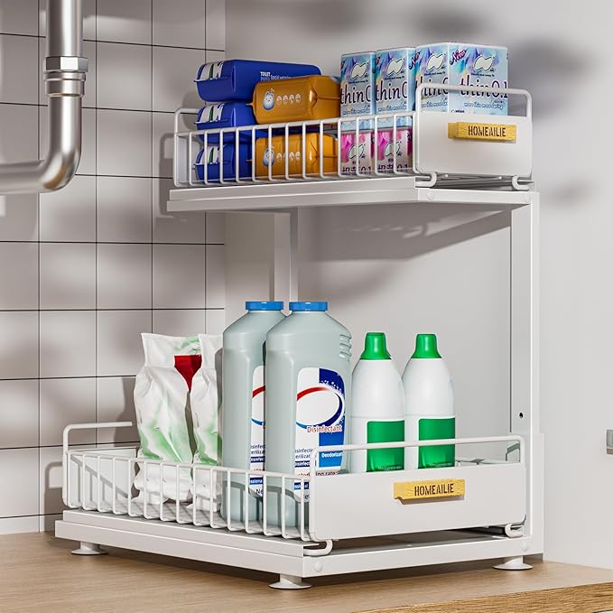 Under Sink Organizer, High Adjustable 2 Tier Under Kitchen Sink Organizer, Multi-Purpose Storage Shelf for Kitchen Bathroom Cabinet, White