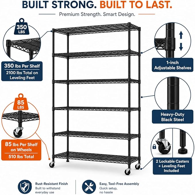 6 Tier Shelf Heavy Duty Metal Shelving Unit with Wheels, Adjustable Wire Storage Shelves 2100LBS Capacity, Garage Shelving for Pantry, Kitchen, Closet, Black, 18" D x 45" W x 82" H