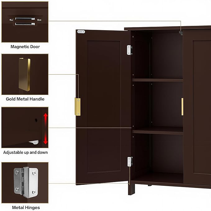 TaoHFE Brown Bathroom Storage Cabinet,Wood Bathroom Cabinets Freestanding with 2 Door Organizers Storages with Adjustable Shelves, Storage Cabinet for Living Room,Laundry Room
