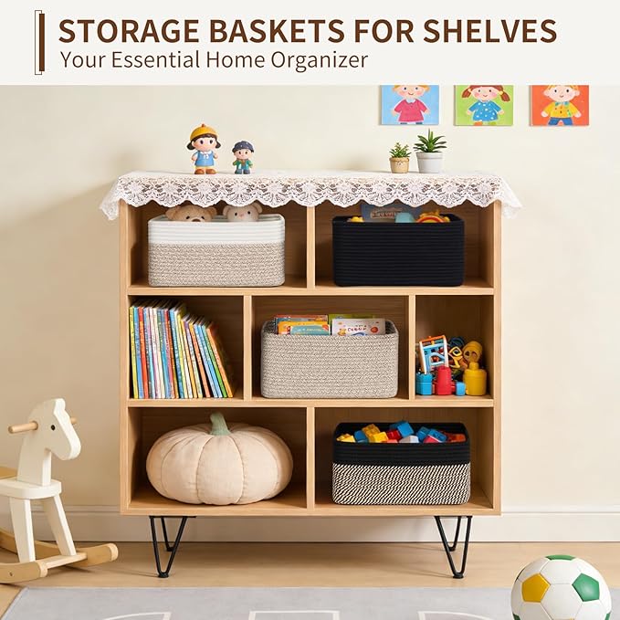 Goodpick 4 Pack Storage Baskets for Shelves, Rectangle Cotton Rope Baskets for Organizing, Closet Storage Bins for Baby Toys, Decorative Woven Basket with Handles, 13''L x 8''W x 6''H, Black