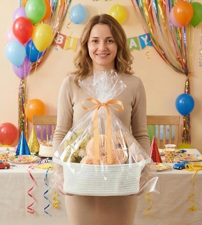 Small Woven Gift Basket Empty with Bag & Ribbon - Gifts for Mom, Baby Shower, Birthdays & Raffle - Cotton Rope Storage Basket for Dog Toys or Shelf - 12"x8"x5", White, 4 Packs