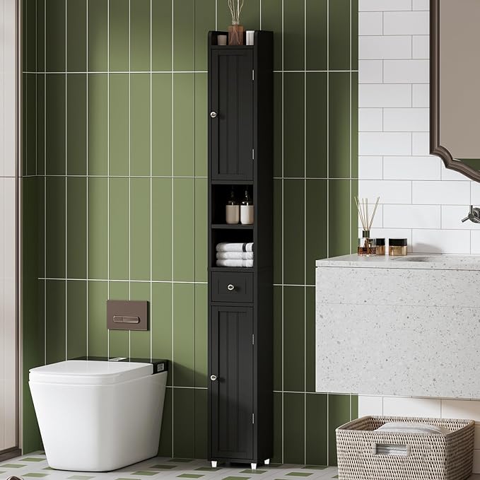 ChooChoo Narrow Bathroom Storage Cabinet with Adjustable Shelves, Tall Storage Cabinet with 2 Doors and 1 Drawer, Freestanding Cupboard for Small Spaces, Black