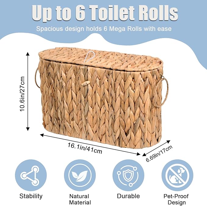 Toilet Paper Storage Basket with Lid - Slim Water Hyacinth Toilet Paper Holder, Holds Up to 6 Mega Rolls, Handwoven Wicker Bathroom Organizer, Natural Rattan Coastal Bathroom Decor