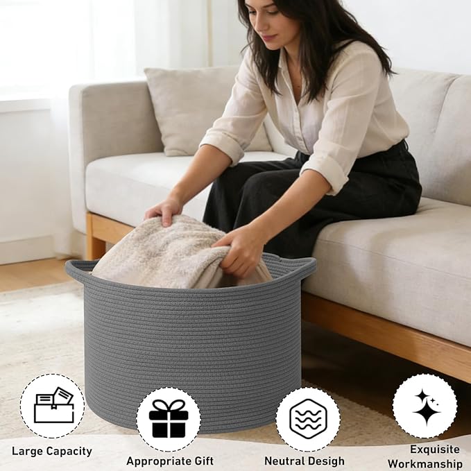115L Extra Large Blanket Basket,Woven Rope Laundry Basket Hamper with Handles, Decorative Nursery Basket Storage Bin for Toys, Clothes Organizer, Living Room, Bedroom, Bathroom, Dark Gry