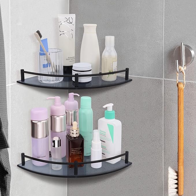 Glass Bathroom Shelves - Set of 2 Corner Shelves with Rail, Floating Glass Shelves for Bathroom, Kitchen, Living Room (Black)