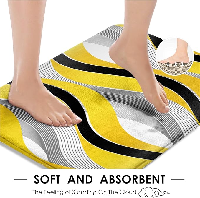 Yellow Striped Shower Curtain Set with Toilet Lid Cover and Non-Slip Rugs for Bathroom, Grey and Black Geometric Lines 4 Pcs Shower Curtain, Modern Yellow Bathroom Set with 12 Hooks