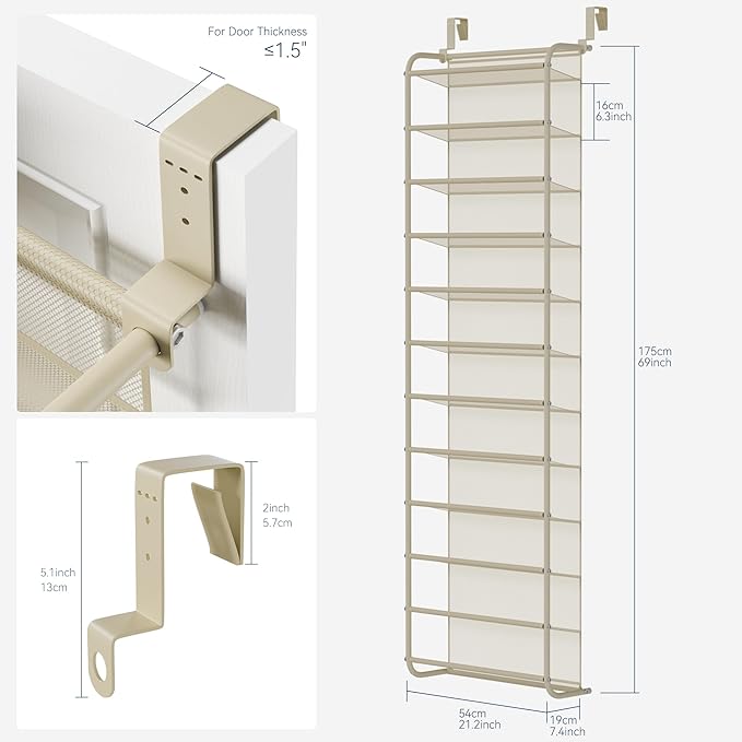 Whitmor 36 Pair Over The Door Shoe Organizer, 12 Tier Hanging Shoe Organizer, Heavy Duty Metal & Mesh Shoe Holder, Hanging Shoe Rack for Closet Organizer & Storage, 74" L x 21.7" W x 7.5" H, Oat