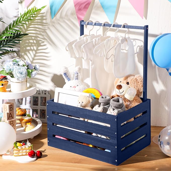 Suzile Wooden Baby Shower Crate Closet Wood Basket for Gifts with Handle Boy Girl Clothes Gender Reveal Storage Box for Newborn New Parent(Navy Blue)