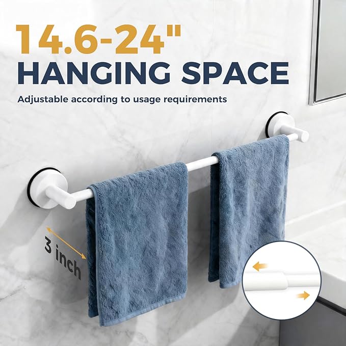 14.6inch~24inch Towel Racks for Bathroom,Adjustable Suction Cup Towel Bar for Bathroom Wall,Stainless Steel Bath Towel Holder for Shower(Bright White)