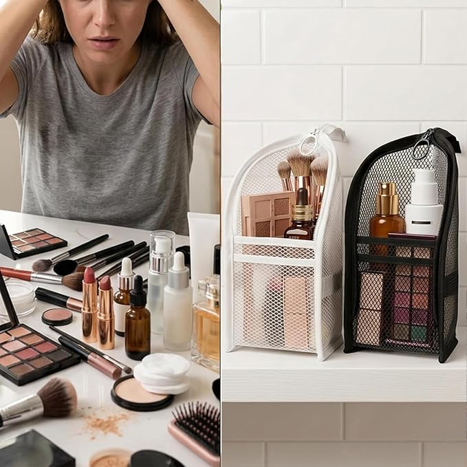 Standing Toiletry Bag, Lightweight Portable Travel Toiletry Bag, EVA Foldable Clear Hanging Makeup Bag, Breathable Cosmetic Organizer for Travel & Bathroom (Black and white)