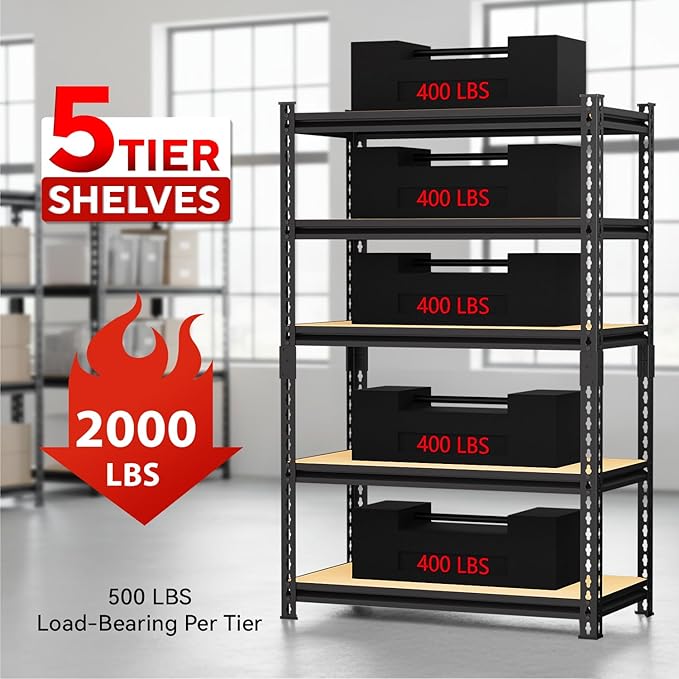 5-Tier Metal Storage Shelves, Adjustable Shelving Units, Boltless Assembly, Black, 27.88 x 11.88 x 60 Inch, for Warehouse Garage Shed Basement (60H*27.98W*11.98D)