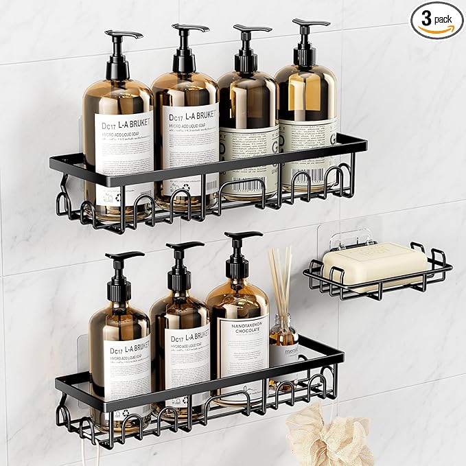 Shower Caddy, 3 Pack Shower Shelves, Rustproof Adhesive Bathroom Organizer with Soap Holder, No Drilling Washroom Organizers and Storage for Bathtub Room/Kitchen/Home, Matte black