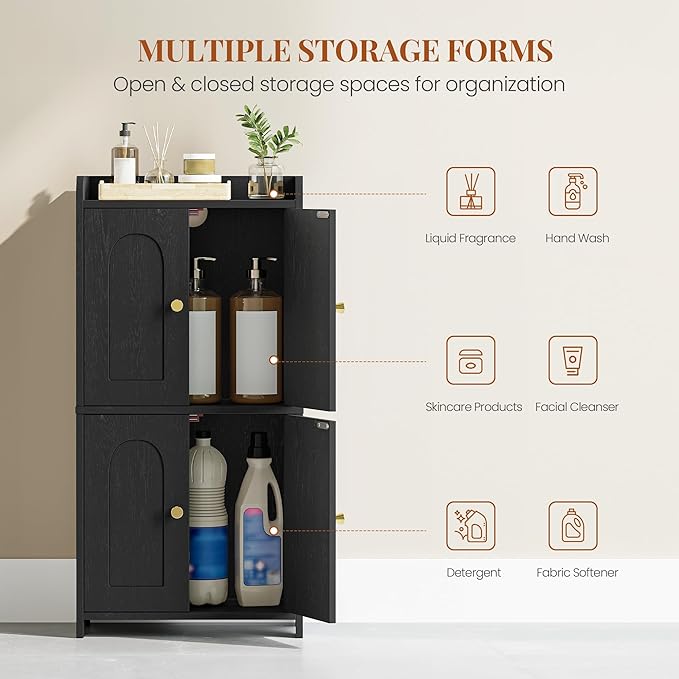 HEXCELEN Small Storage Cabinet, Bathroom Storage Cabinet with 4 Doors, Floor Bathroom Organizer Freestanding for Small Spaces, Living Room, Kitchen, Entryway (Mediterranean, Black)