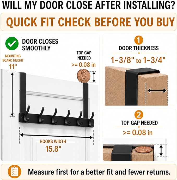 Peasulin 2 Pack Large Over The Door Hooks, Sturdy Door Hanger with 12 Hooks, Door Towel Rack for Bathroom, Bedroom, Kitchen, Coat Rack for Hanging, Easy to Install (Black)