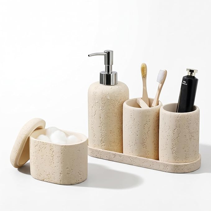 Bathroom Accessories Set, 5PCS Modern Bathroom Accessory Set with Soap Dispenser, Mouthwash Cup & Toothbrush Holder, Qtip Holder, Tray