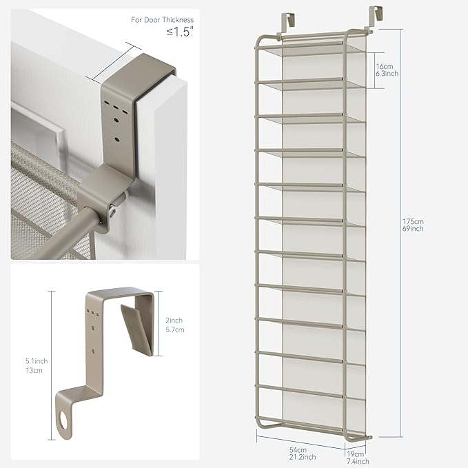 Whitmor 36 Pair Over The Door Shoe Organizer, 12 Tier Hanging Shoe Organizer, Heavy Duty Metal & Mesh Shoe Holder, Hanging Shoe Rack for Closet Organizer & Storage, 74" L x 21.7" W x 7.5" H, Mocha