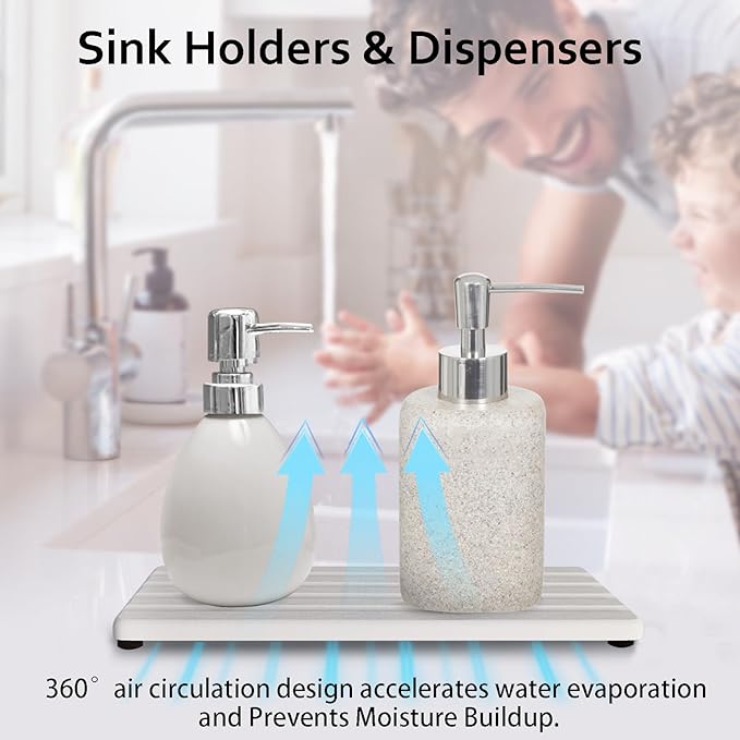2 PCS Water Absorbing Stone Trays for Bathroom Sink & Kitchen Counter, Fast-Drying Diatomite Sink Caddy, Vanity Tray, Hand Soap Holder with Anti-Skid Pads (White, 8.7" x 4"/22 x 10cm)