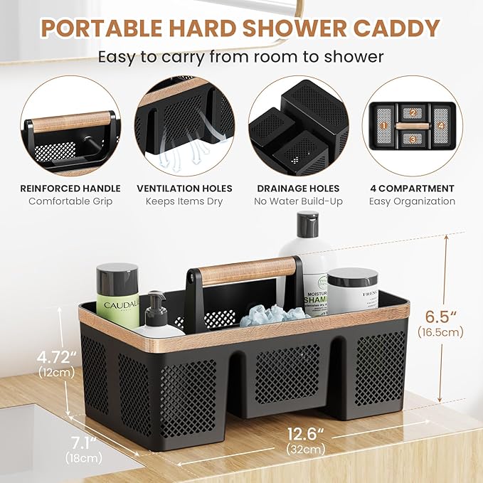 BYUNER Plastic Shower Caddy Dorm: Portable Hard Shower Basket with Handle, 4 Divided Compartments, All-Side Drainage, Bathroom & Cleaning Caddy for College Dorm Room Essentials, Black/wood grain