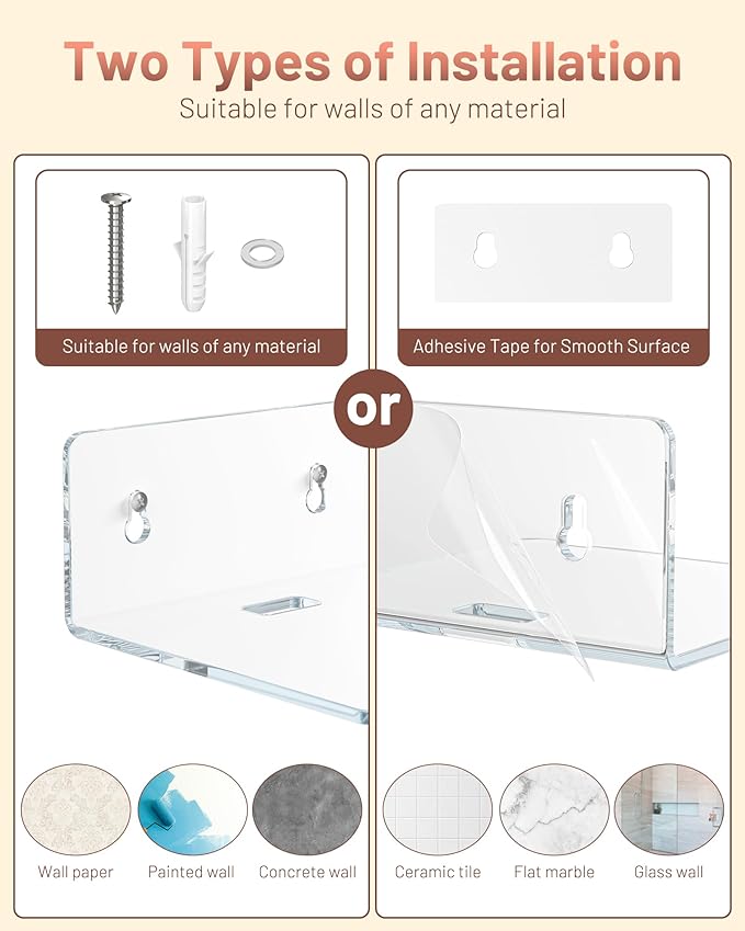 4 Pack Small Wall Shelf - 4" Floating Shelves for Wall Display Ledges for Funko Pop Figures, Plants, Speakers, Durable Plastic Adhesive or Screw Shelves in Bedroom Kitchen Living Room, Clear
