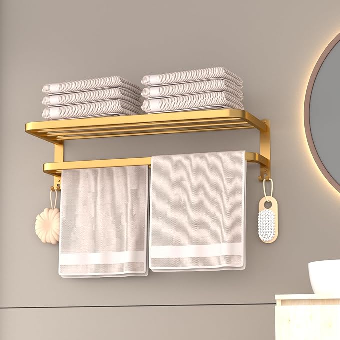23 Inch Gold Bathroom Towel Rack Towel Shelf with Double Towel Bars Lavatory Wall Mount Holder with Hooks Golden Stainless Steel Hotel Bath Rack