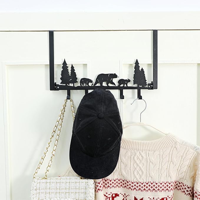 AceOrbit Cabin Bear Over The Door Hooks Hanger Wall Mount Towel Hanger Door Holder Organizer 5 Hooks Kawaii Farmhouse Rustic Coquettish Style Decor for Bedroom Bathroom Towel Hat Clothes