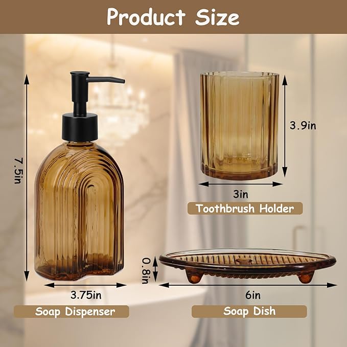Amber Bathroom Accessories Set, 4Pcs Glass Bathroom Accessories Set Complete Lotion Soap Dispenser, Toothbrush Holder, Mouthwash Cup, Soap Dish for Bathroom Decor, Countertop Organizer