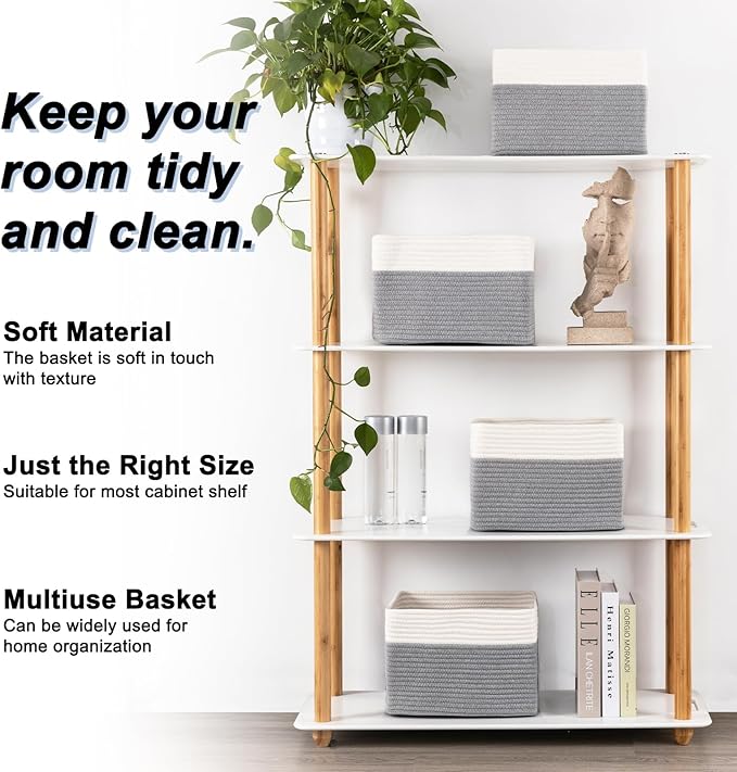 4 Pack Storage Baskets for Organizing, Woven Baskets for Shelves - Perfect for Toys, Books, Towels, and Clothes, Durable Gift Basket Bins Toy Storage, 12.7''L x9''W x7.8''H, Grey and White