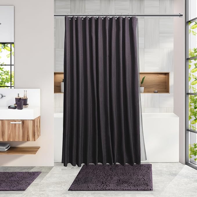 Clara Clark Bathroom Accessories Set - Bathroom Set with Adhesive Corner Shower Caddy Hanging, 25PC Bathroom Accessory Set, Purple Shower Curtain Set, Toilet Brush, Trash Can & Soap Dispenser