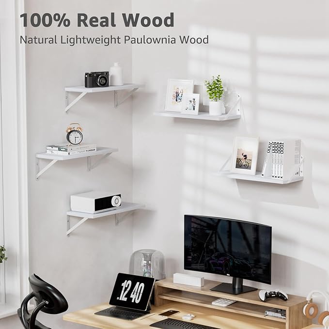 COCOYA Wall Shelves 7.3" Deep Set of 3, Solid Paulownia Wood Wider Longer Sturdy Easy to Install Wall Mounted Bookshelves Storage Shelves Bathroom Storage Office Laundry Room Bedroom Organizer White