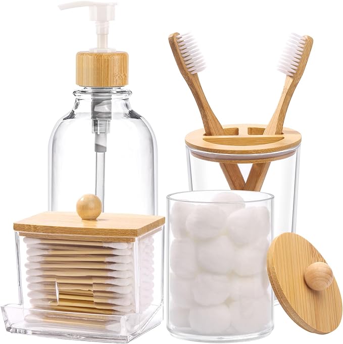 Bamboo Bathroom Accessories Set 4 Pcs - Clear Toothbrush Holder Plastic Soap Dispenser and 2 Qtip Holder Cotton Swab/Pad/Ball Container Jar