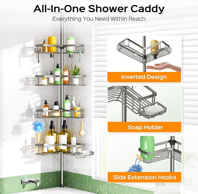 HAMITOR Shower Caddy Tension Pole: 4-Tier Corner Bathroom Organizer Shelf with Soap Holder & Hooks - No-Drill Adjustable Standing Storage Rack for Apartment Renters - 47-123 Inch Silver Gray