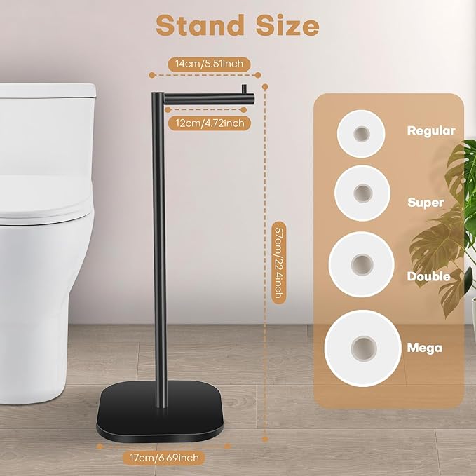 Toilet Paper Holder Stand Freestanding - Matte Black Stainless Steel Bathroom Storage Organizer - Non-Slip Rust Proof Tissue Roll Dispenser for Bathroom