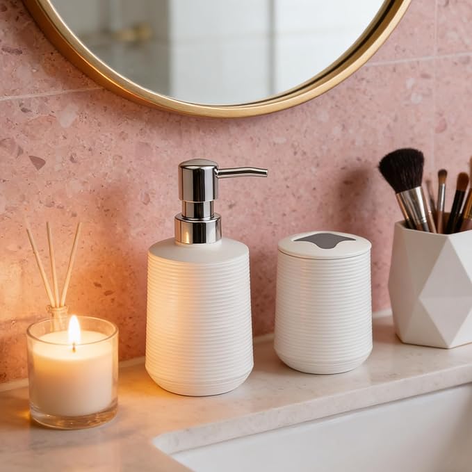 Bathroom Accessories Set, Bathroom Soap Dispenser & Toothbrush Holder Set, 2 Piece High Capacity Organizer in White, Minimalist Boho Style for Clutter Free Bathroom