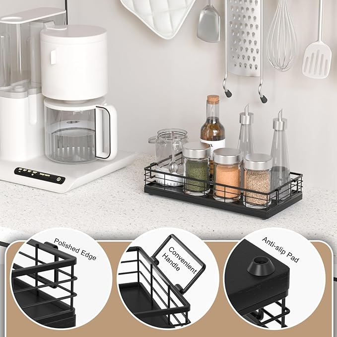 Toilet Paper Basket, 13 Inch Oak and Iron Tank Tray Top of Toilet Storage Toiletries Organizer for Bathroom, Living Room and Kitchen (Black)