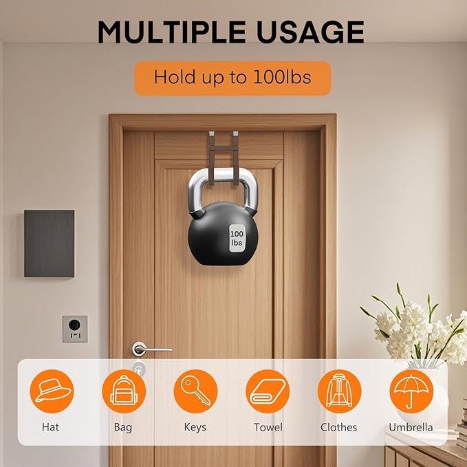 FYY Over The Door Hooks - 4 Pack Heavy Duty Double-Hanger Organizer for Bathroom Bedroom Dorm, Hanging Clothes Towels Hats Bags Ironing Board Wreath Robe - Fits Interior Doors Up to 1 3/8" Brown