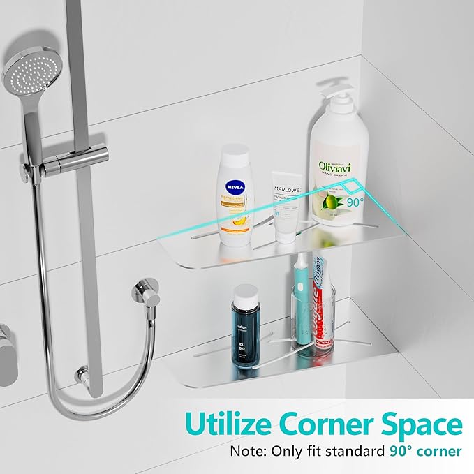 Qeke Shower Corner Shelf 304 Stainless Steel 12" Corner Shelf Bathroom Shampoo Holder for Shower Floating Corner Shelf for Wall, No Drilling, Brushed Nickle, 2Pack