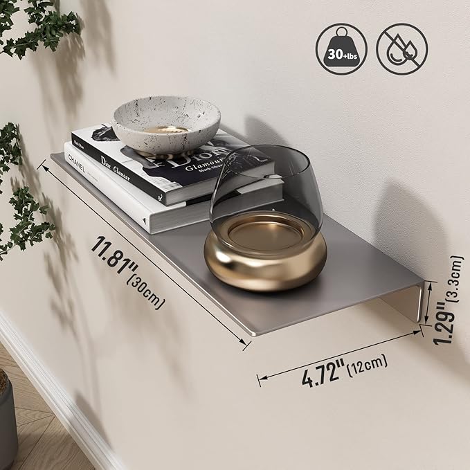 Danpoo 12 inch Gray Metal Wall Shelf Small Floating Shelf for Wall Organizer & Storage, Display Shelf for Bathroom, Living Room, Kitchen, Bedroom