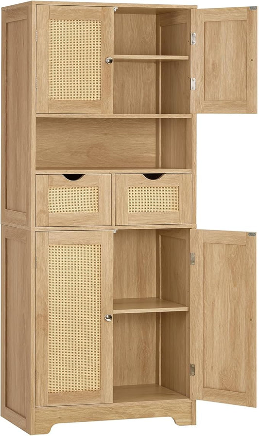TEENFON 57.8" H Tall Storage Cabinet with 2 Drawers & 2 Adjustable Shelves, Rattan Cabinets with 4 Doors, Cupboard, Kitchen Cabinets, Pantry Cabinet, Tall Cabinet for Living Room, Entryway, Natural