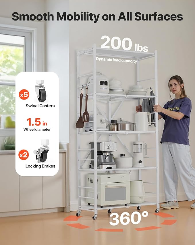 VEVOR 5-Tier Foldable Storage Shelf, 32W x 14D x 72H Inch Folding Metal Rack Shelving Unit, Heavy Duty No Assembly Organizer Shelf with 5 Wheels & 4 Hooks for Pantry, Kitchen, Garage, Basement, White