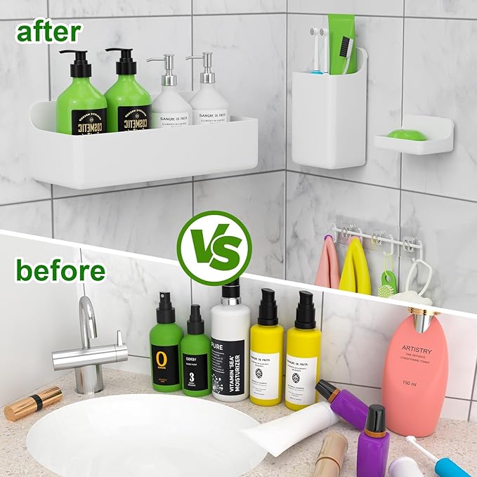 Adhesive Shower Caddy 6 Pack Rustproof Shower Shelves for Inside Shower No Drilling Bathroom Organizers and Storage with Soap Holder Large Rack (White)