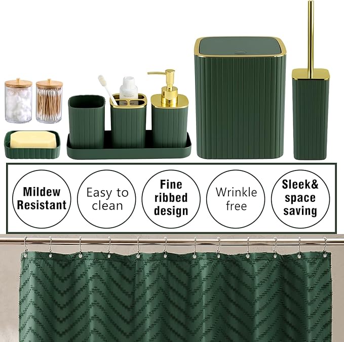 Bathroom Accessories Set-23Pcs Set, Complete Bathroom Decor & Home Decor, Bathroom Set with Toilet Brush, Trash Can, Soap Dispenser,Modern Bath Essentials (Green, Bath Set+Shower Curtain&Liner Set)
